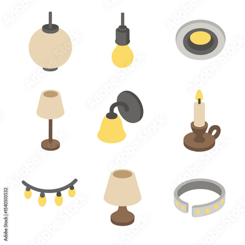 Modern Lighting Icons. Isometric Flat icon set of simple lighting solutions: paper lantern pendant, exposed bulb fixture, recessed