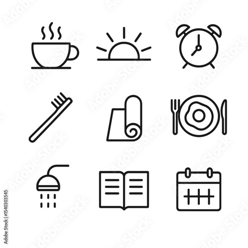 Morning Routine Icons. Outline icon set of morning routine scheduling: coffee cup, sunrise, alarm clock, toothbrush, yoga mat,