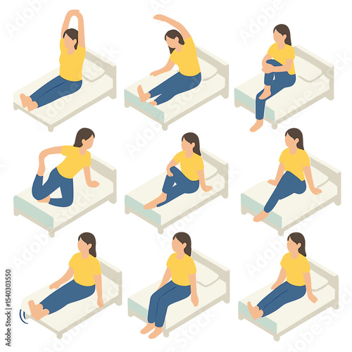 Morning Stretch Icons. Isometric Flat icon set of morning energizing bed stretches: overhead arm stretch, side bend reach, knee-to