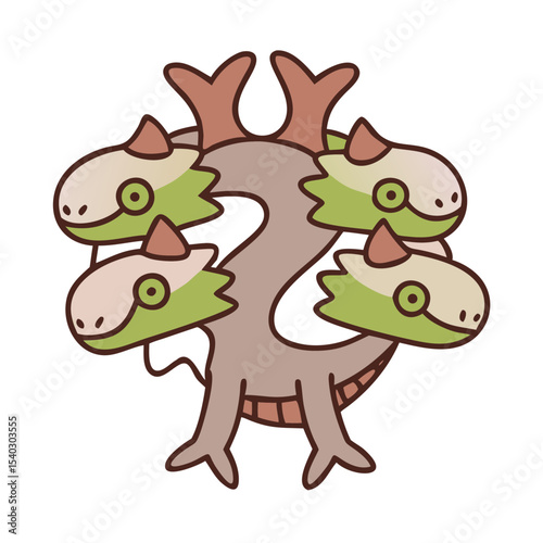 Cartoon dragon-like creature with multiple heads and tree design  