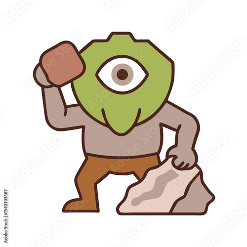 Cartoon monster character holding a rock and standing near boulders  