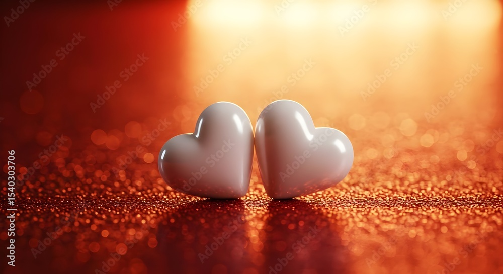 Fototapeta premium Two hearts, White hearts, Red glitter, Two White Hearts on Red Glitter Background