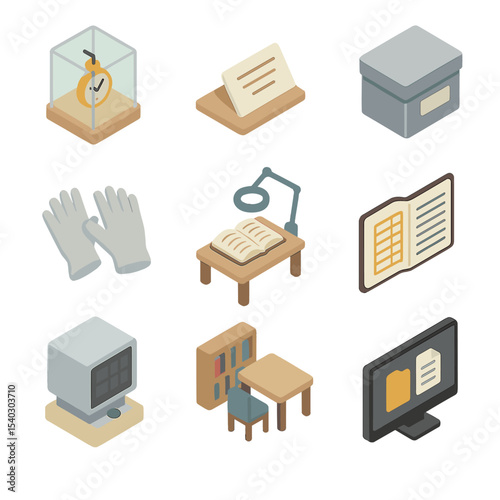Museum Archive Icons. Isometric Flat icon set of watch archives and museums: display case, exhibit label, archival box,