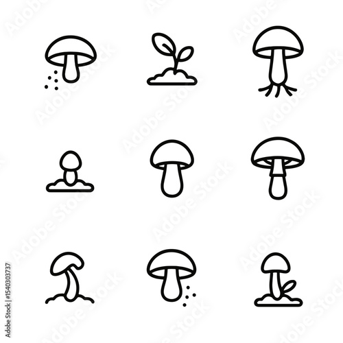 Mushroom Life Cycle Icons. Outline icon set of life cycle stages: spore release, germination, mycelium network, primordium pin,