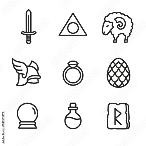Mythical Artifacts Icon Grid. Outline icon set of mythical artifact quests: Excalibur sword, philosopher’s stone, golden fleece,