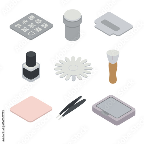 Nail Art Kit Icons. Isometric Flat icon set of nail stamping kit essentials: stamping plate, stamper head, scraper card, stamping