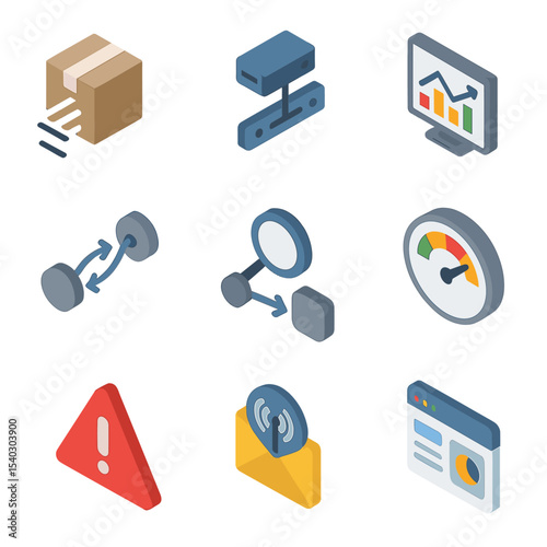 Network Monitoring Icons. Isometric Flat icon set of network traffic monitoring: packet capture icon, network tap, traffic graph,
