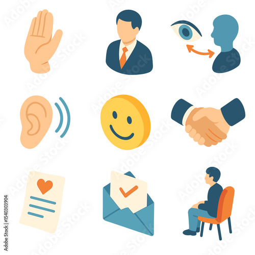 Networking Etiquette Icons. Isometric Flat icon set of networking etiquette and communication: polite greeting hand, business