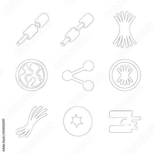 Neural Connectivity Icons. Solid, Filled icon set of white matter integrity loss: myelin sheath, broken sheath, white tract bundle