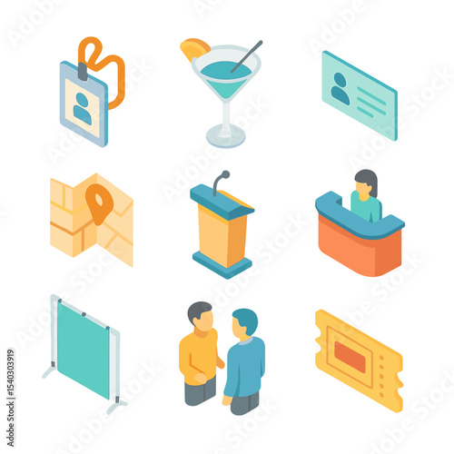 Networking Icons Grid. Isometric Flat icon set of networking events: name badge, cocktail glass, business card, venue map, stage