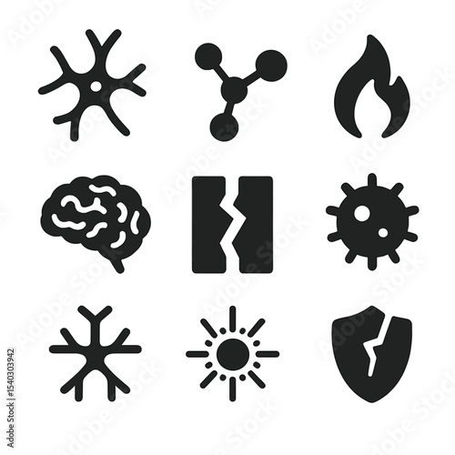 Neuroinflammation Icon Set. Solid, Filled icon set of neuroinflammation: microglia cell, cytokine molecule, flame, swelling brain,