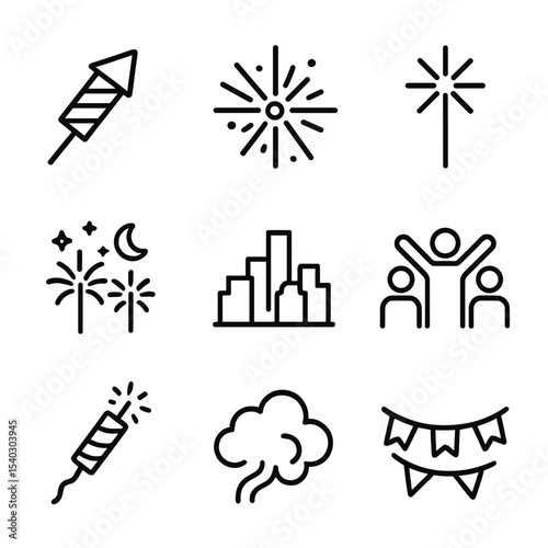 New Year Fireworks Icons. Outline icon set of New Year fireworks display: fireworks rocket, exploding starburst, sparkler, night