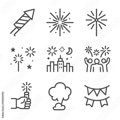 New Year Fireworks Icons. Outline icon set of New Year fireworks display: fireworks rocket, exploding starburst, sparkler, night