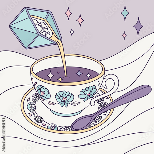Dreamlike Luxury Teacup Scene with Iridescent Pour