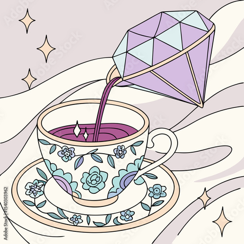 Elegant Vintage Teacup with Diamond-Like Pouring Liquid