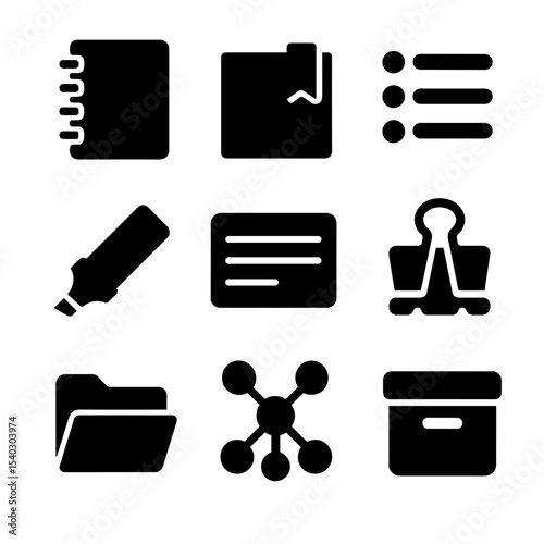Note-Taking Icon Set. Solid, Filled icon set of note-taking and organization: spiral notebook, sticky tab, bullet list,