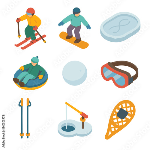 New Year Snow Fun Icons. Isometric Flat icon set of New Year’s Day snow activities: skiing person, snowboard rider, ice skating