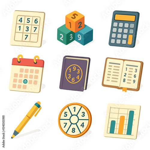 Numerology Tools Icons. Isometric Flat icon set of numerology calculation tools: numerology chart, number block set, calculator,