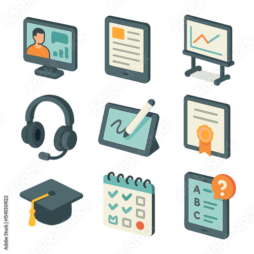 Online Education Icons. Isometric Flat icon set of online education and e-learning: virtual classroom screen, e-book reader,