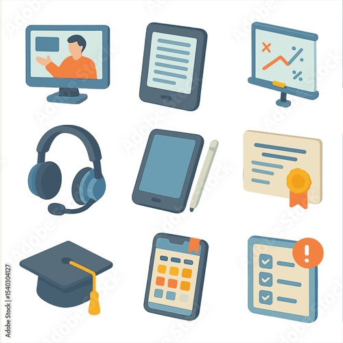 Online Education Icons. Isometric Flat icon set of online education and e-learning: virtual classroom screen, e-book reader,