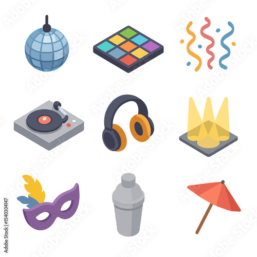 Online Party Icons. Isometric Flat icon set of online party dance floor: disco ball, dance floor grid, party streamer, DJ