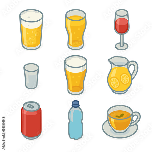 Oktoberfest Beverage Icons. Isometric Flat icon set of Oktoberfest beverages beyond beer: Radler pint, cider glass, wine flute,
