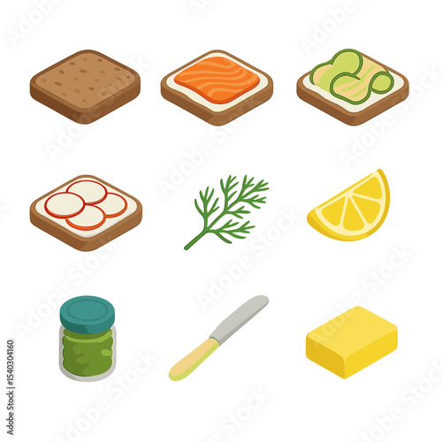 Open-Faced Sandwich Icons. Isometric Flat icon set of open-faced sandwiches: rye bread slice, smoked salmon, cream cheese,