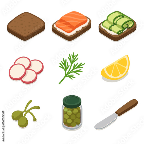 Open-Faced Sandwich Icons. Isometric Flat icon set of open-faced sandwiches: rye bread slice, smoked salmon, cream cheese,