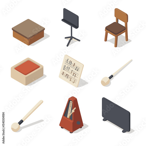 Orchestra Pit Icons. Isometric Flat icon set of orchestra pit elements: conductor podium, music stand, cello chair, rosin block,