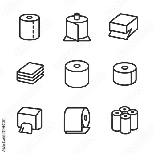 Paper Towel Icons. Outline icon set of paper towel types: perforated roll, center-pull roll, folded towel, interfold towel, jumbo