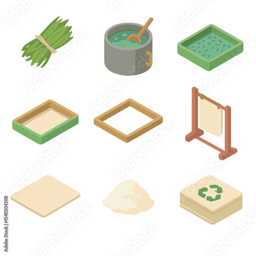 Papermaking Icon Set. Isometric Flat icon set of paper-making from leaves: shredded leaf bundle, pulping vat, fiber strainer,