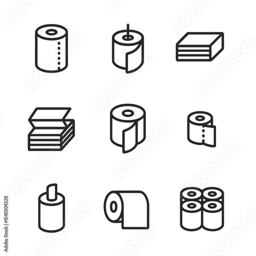 Paper Towel Icons. Outline icon set of paper towel types: perforated roll, center-pull roll, folded towel, interfold towel, jumbo