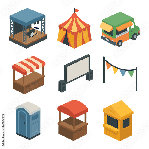 Park Event Icons. Isometric Flat icon set of park events and festivals: outdoor concert stage, festival tent, food truck, event
