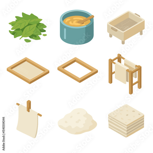 Papermaking Icon Set. Isometric Flat icon set of paper-making from leaves: shredded leaf bundle, pulping vat, fiber strainer,