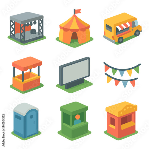 Park Event Icons. Isometric Flat icon set of park events and festivals: outdoor concert stage, festival tent, food truck, event