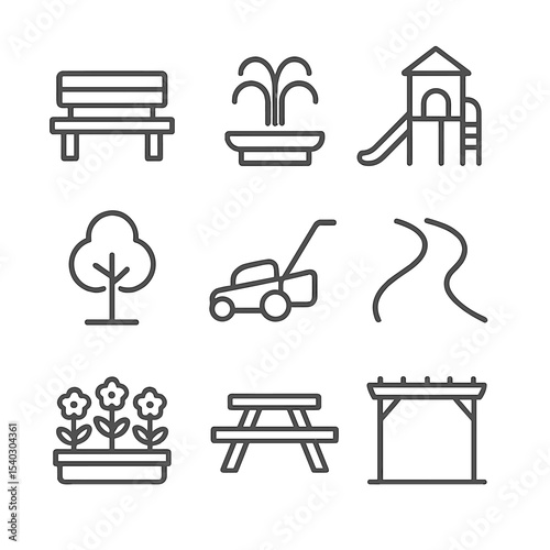 Park Icons Grid. Outline icon set of green spaces and parks: bench, fountain, playground, tree, lawn mower, walking path, flower