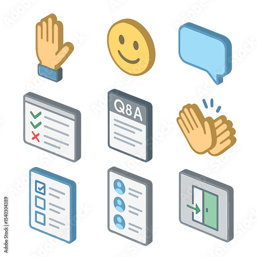 Participant Interaction Icons. Isometric Flat icon set of participant interaction tools: raise hand icon, reaction emoji, chat