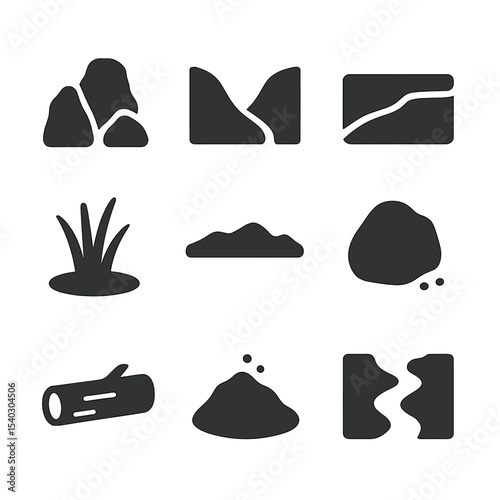 Pasture Icon Set. Solid, Filled icon set of pasture terrain features: rock outcrop, valley contour, plateau edge, ridge line,