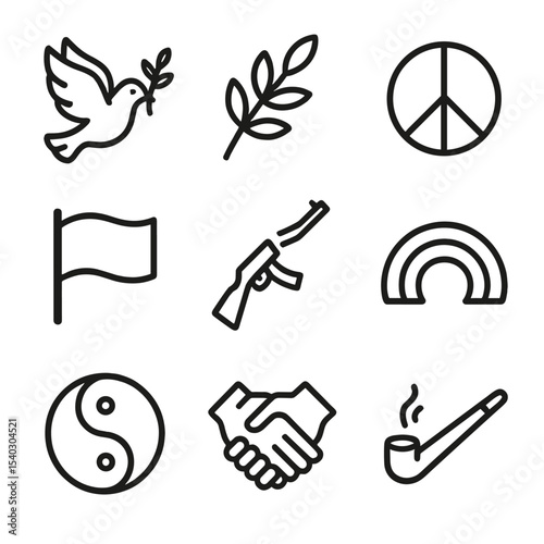 Peace Symbols Icons. Outline icon set of peace symbols: dove, olive branch, peace sign, white flag, broken rifle, rainbow, yin