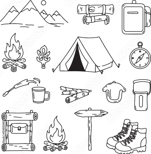 Camping Adventure Line Art Illustrations of Essential Gear and Scenery