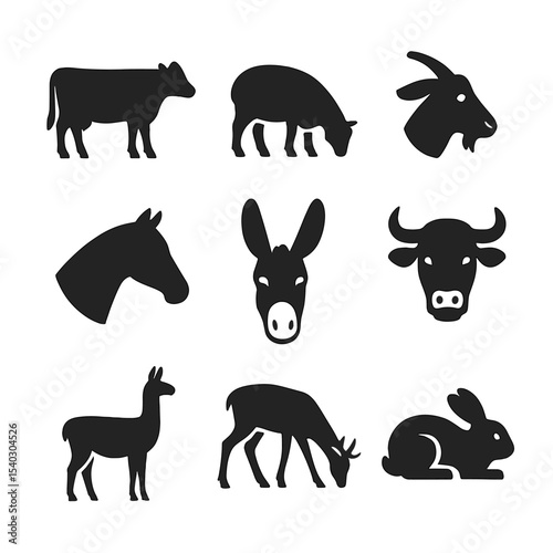 Pasture Animal Icons. Outline icon set of pasture animals: cow silhouette, grazing sheep, goat head, horse profile, donkey ears,