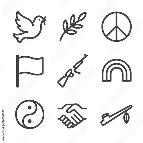 Peace Symbols Icons. Outline icon set of peace symbols: dove, olive branch, peace sign, white flag, broken rifle, rainbow, yin