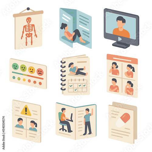 Patient Education Icons. Isometric Flat icon set of patient education materials: anatomy chart, exercise brochure, video tutorial