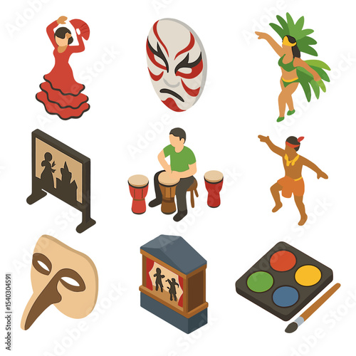 Performance Art Icons. Isometric Flat icon set of performance art genres: flamenco dancer, Kabuki mask, carnival costume, drumming