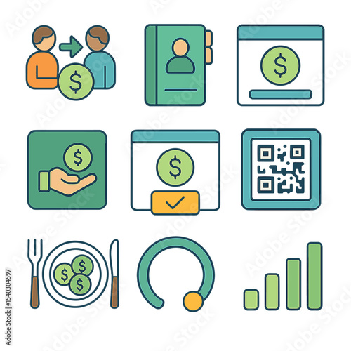 Peer-to-Peer Transfer Icons. Isometric Flat icon set of Peer-to-Peer Transfers: send to friend icon, recipient address book,