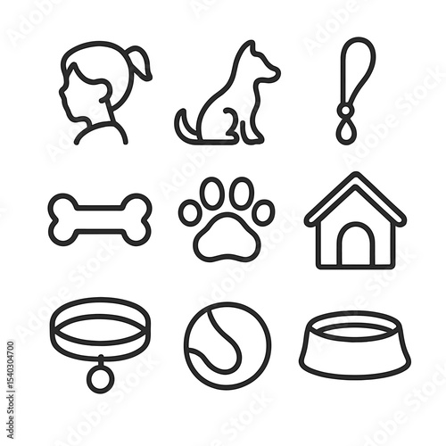 Pets and Kids Icons. Outline icon set of children with pet dogs portraits: child silhouette, dog silhouette, leash, bone, paw