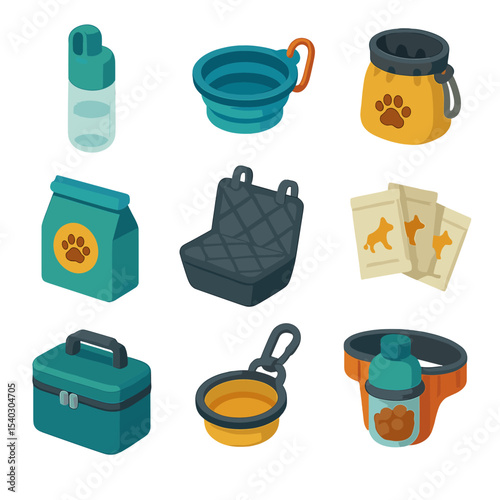 Pet Travel Gear Icons. Isometric Flat icon set of on-the-go pet feeding gear: portable water bottle, collapsible bowl, treat pouch