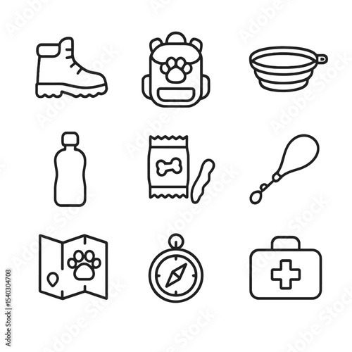 Pet Hiking Essentials. Outline icon set of pet hiking gear: hiking boots, pet backpack, collapsible bowl, water bottle, trail