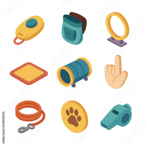 Pet Training Icons. Isometric Flat icon set of family pet training sessions: training clicker, treat pouch, obstacle hoop,