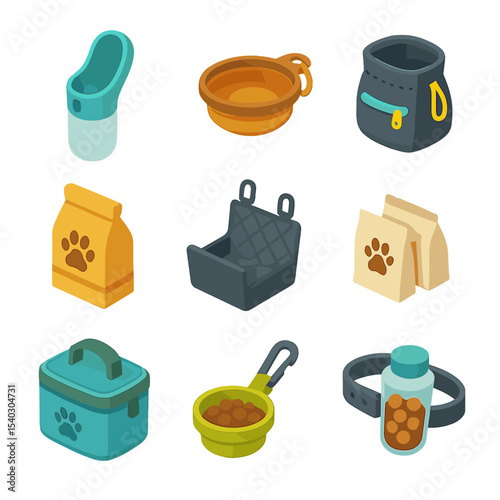 Pet Travel Gear Icons. Isometric Flat icon set of on-the-go pet feeding gear: portable water bottle, collapsible bowl, treat pouch